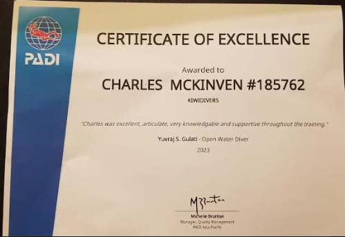 charles mckinven padi certificate of excellence kiwidivers